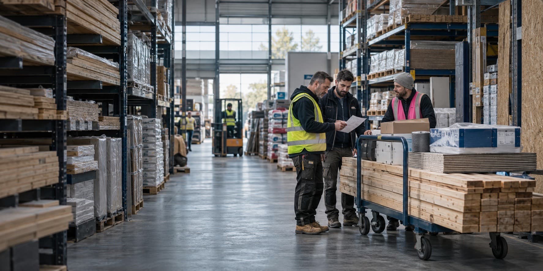 Geschäftskunden prüfen eine Baustoffbestellung im Lager